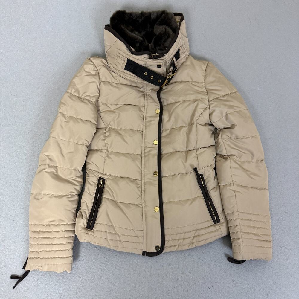 Zara Basic Beige Puffer Jacket Faux Fur Collar Duck Down Women’s Size S